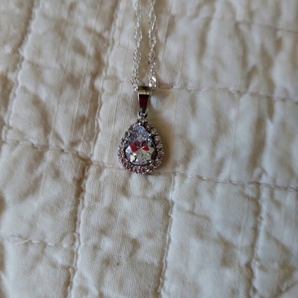 Vintage Lab Created Tear Drop Diamond Surrounded by White Sapphires 16" 925 SS - Picture 8 of 10